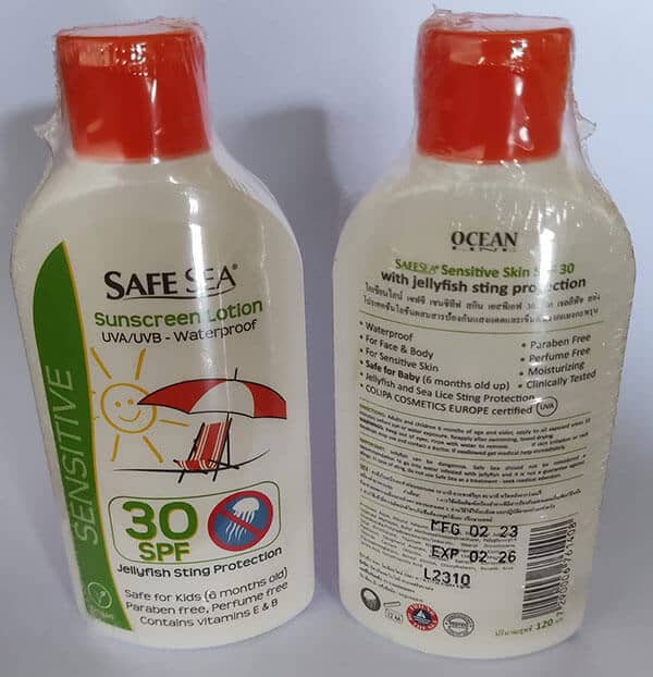 Safe Sea anti jellyfish Sunscreen SPF30 lotion with expiry date